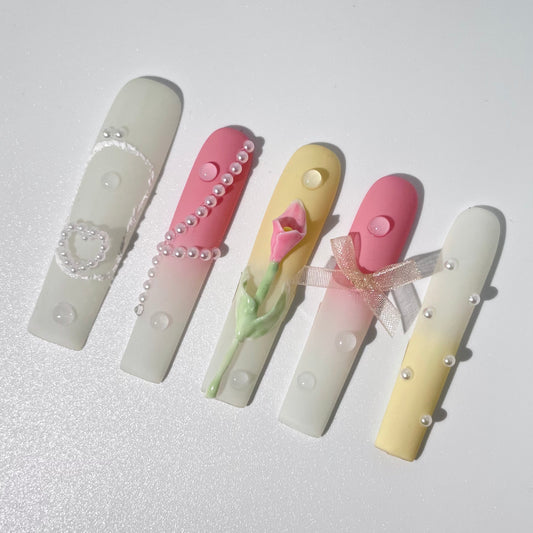 10Pcs Handmade Coffin Press-On Nails Floral Design Glitter Line Art - Coffin Set