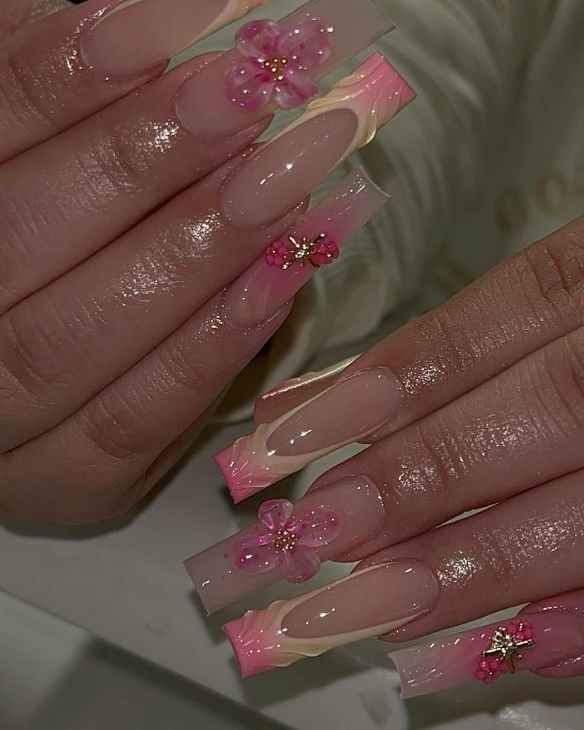 10pcs Handmade Coffin Press-On Nails Short – Floral 3D Artificial Gems Bow & Pink Design - Coffin Set