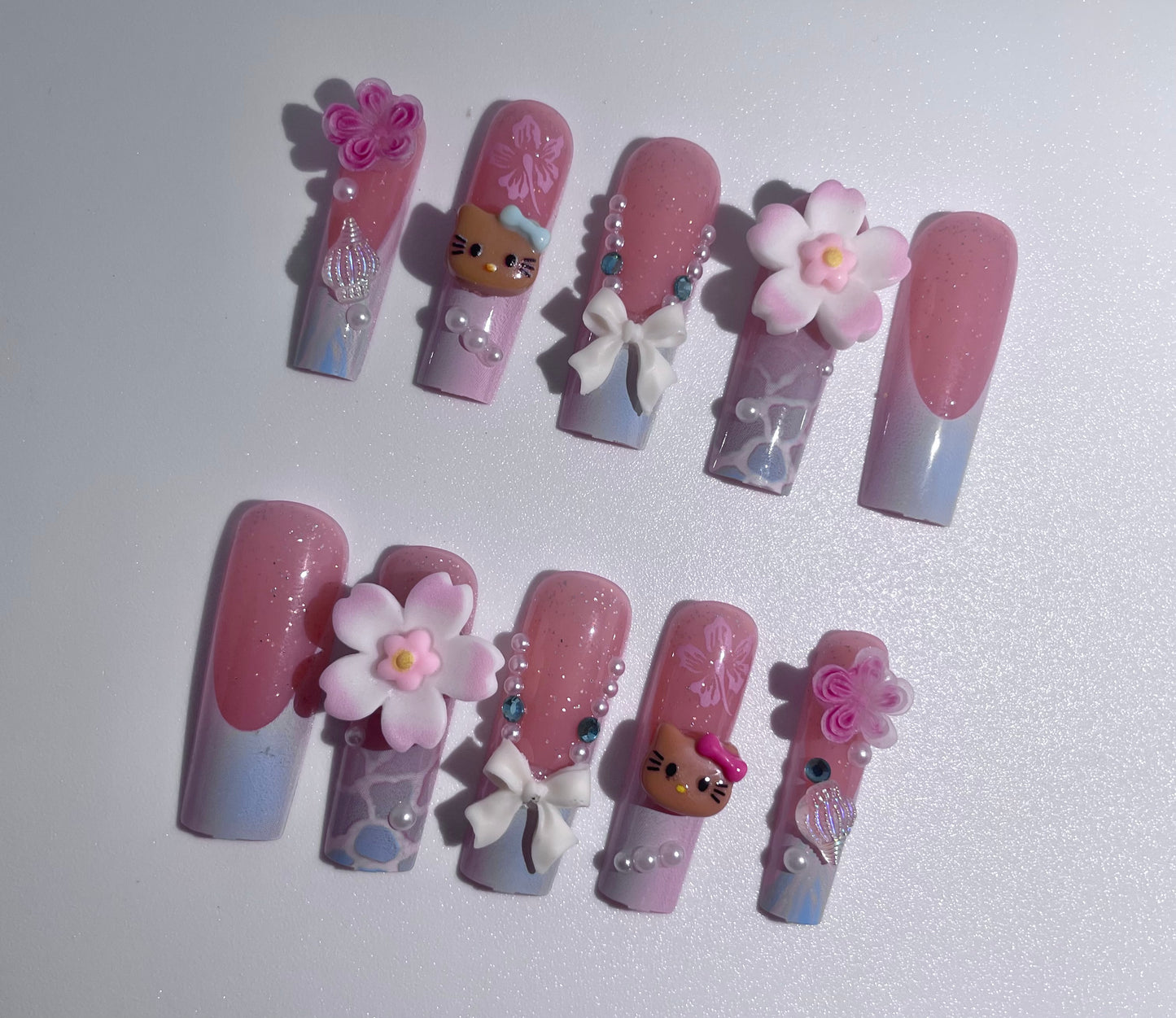 12pcs Long Coffin Press-On Nails Gradient Blue & Pink French Tip with Sanrio Hello Kitty, 3D Rhinestones, Flowers - Coffin Set