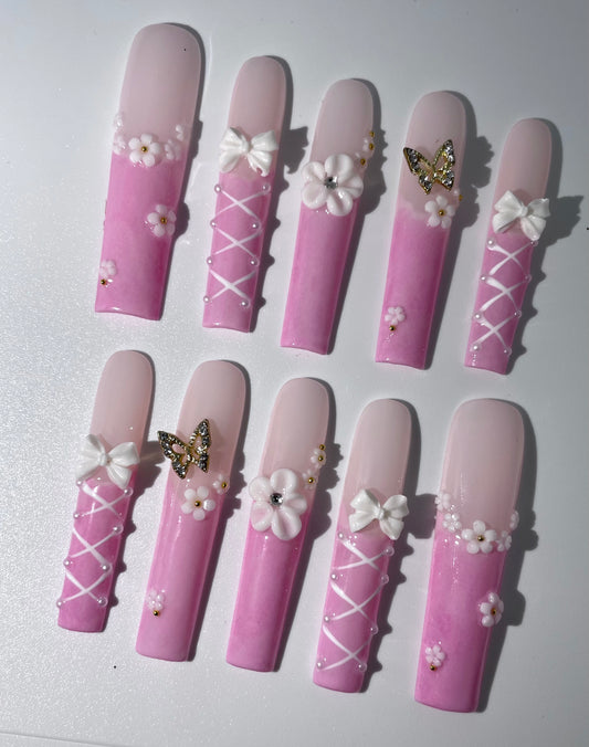 10pcs Handmade Coffin Press-On Nails – 3D Bow & Butterfly Design - Coffin Set