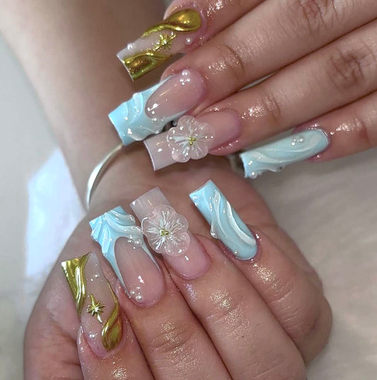 10pcs Handmade Coffin Press-On Nails – Gold & Blue Artificial Gems & Floral Design - Coffin Set