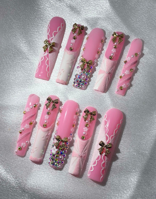 10pcs Handmade Coffin Press-On Nails – Rhinestone Artificial Gems Bow & Butterfly Design - Coffin Set