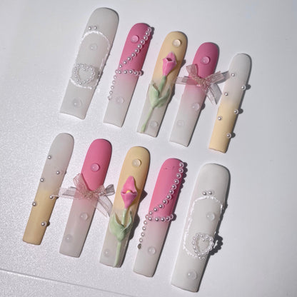 10Pcs Handmade Coffin Press-On Nails Floral Design Glitter Line Art - Coffin Set