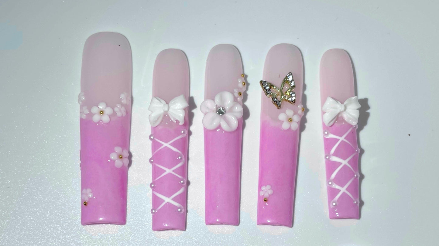 10pcs Handmade Coffin Press-On Nails – 3D Bow & Butterfly Design - Coffin Set