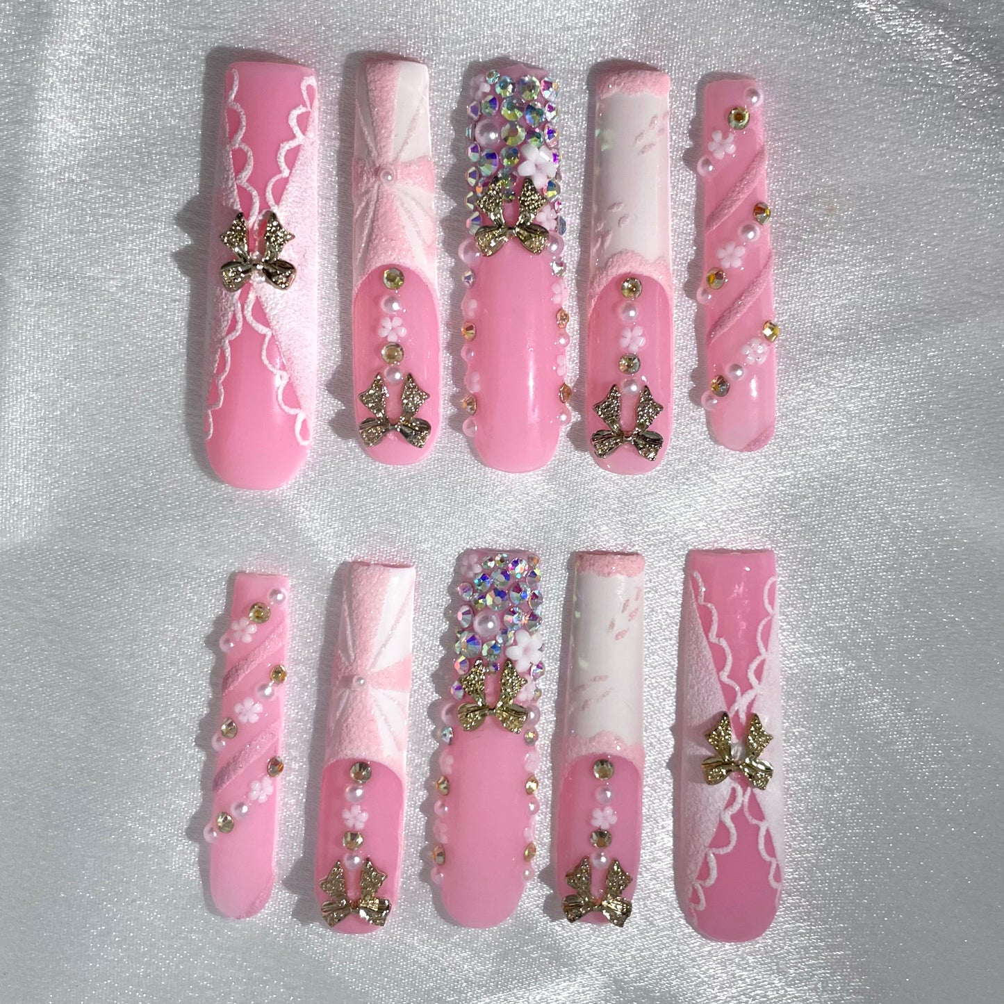 10pcs Handmade Coffin Press-On Nails – Rhinestone Artificial Gems Bow & Butterfly Design - Coffin Set