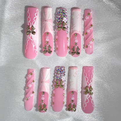 10pcs Handmade Coffin Press-On Nails – Rhinestone Artificial Gems Bow & Butterfly Design - Coffin Set