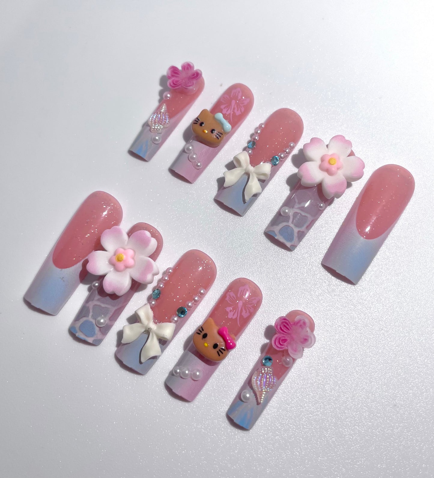 12pcs Long Coffin Press-On Nails Gradient Blue & Pink French Tip with Sanrio Hello Kitty, 3D Rhinestones, Flowers - Coffin Set