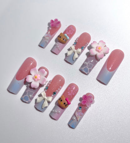 12pcs Long Coffin Press-On Nails Gradient Blue & Pink French Tip with Sanrio Hello Kitty, 3D Rhinestones, Flowers - Coffin Set