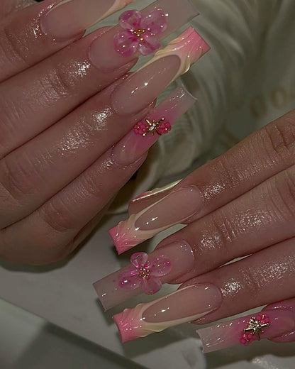 10pcs Handmade Coffin Press-On Nails Short – Floral 3D Artificial Gems Bow & Pink Design - Coffin Set