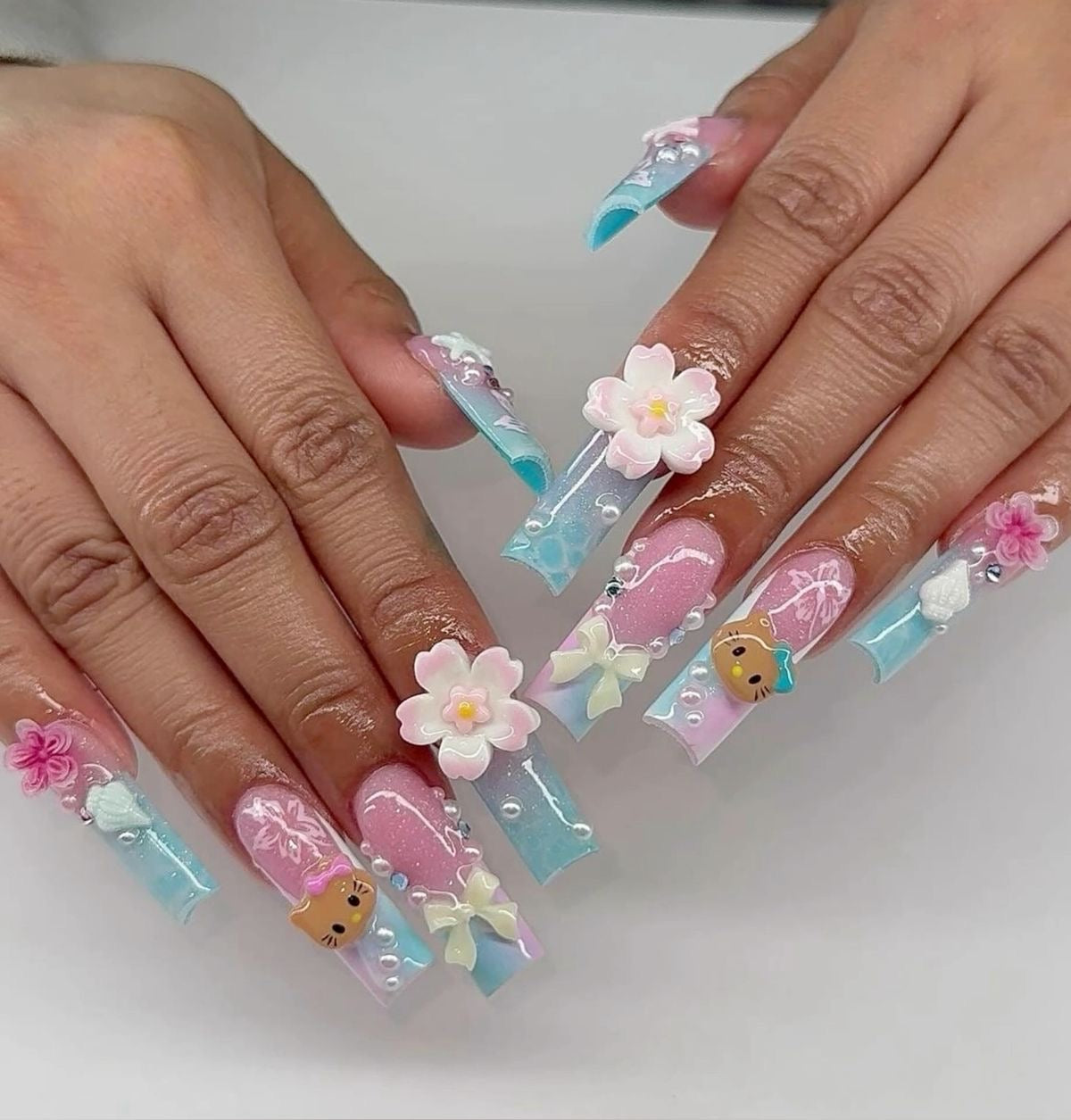 12pcs Long Coffin Press-On Nails Gradient Blue & Pink French Tip with Sanrio Hello Kitty, 3D Rhinestones, Flowers - Coffin Set