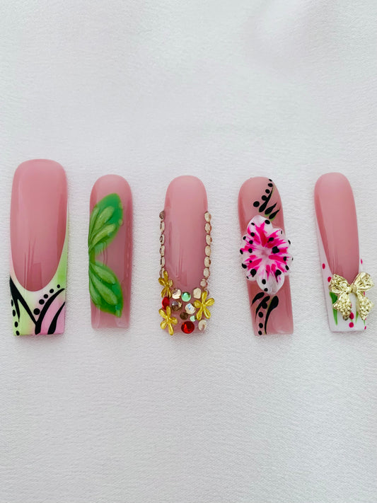 10 pieces Press-On Nails 3D Multicoloured Set Jelly Gell, Golden Bow & Green Leaf - Coffin Set