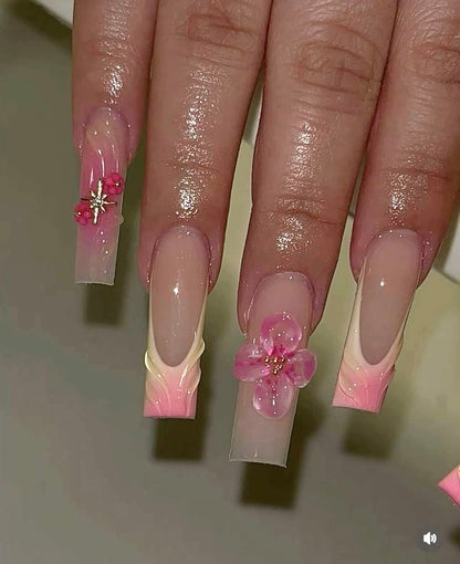 10pcs Handmade Coffin Press-On Nails Short – Floral 3D Artificial Gems Bow & Pink Design - Coffin Set