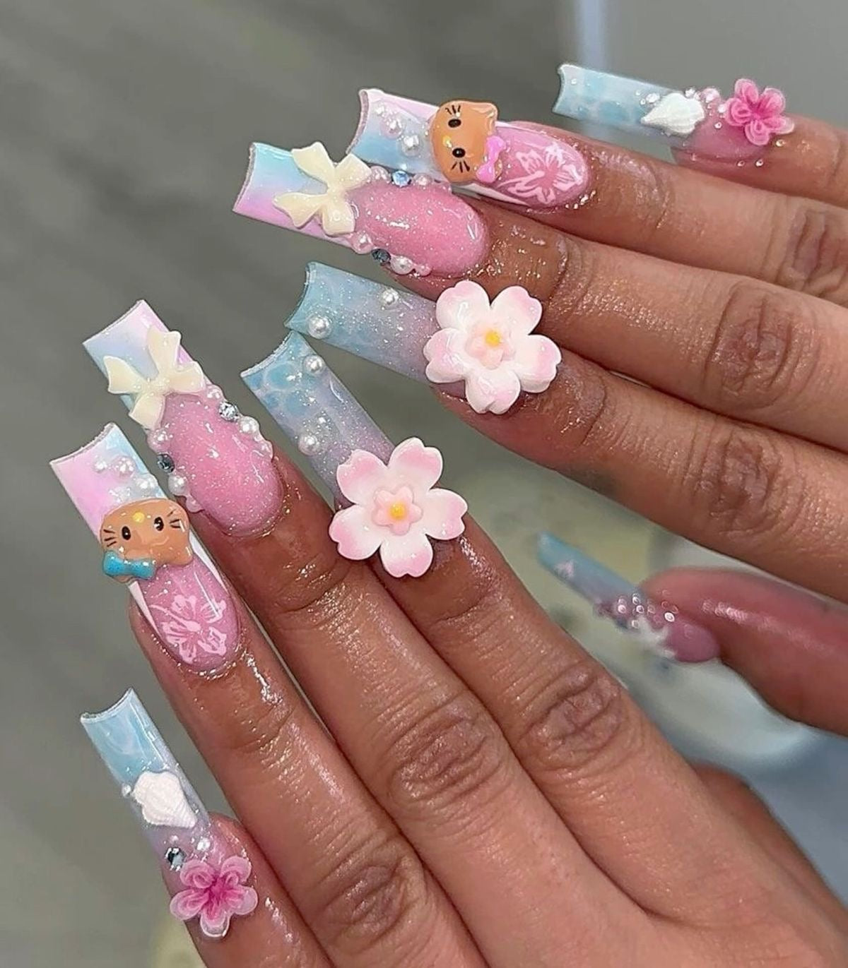 12pcs Long Coffin Press-On Nails Gradient Blue & Pink French Tip with Sanrio Hello Kitty, 3D Rhinestones, Flowers - Coffin Set