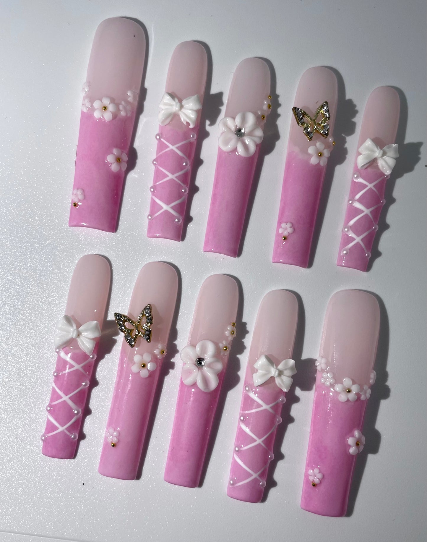 10pcs Handmade Coffin Press-On Nails – 3D Bow & Butterfly Design - Coffin Set