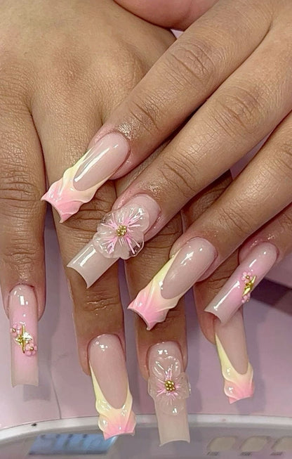 10pcs Handmade Coffin Press-On Nails Short – Floral 3D Artificial Gems Bow & Pink Design - Coffin Set