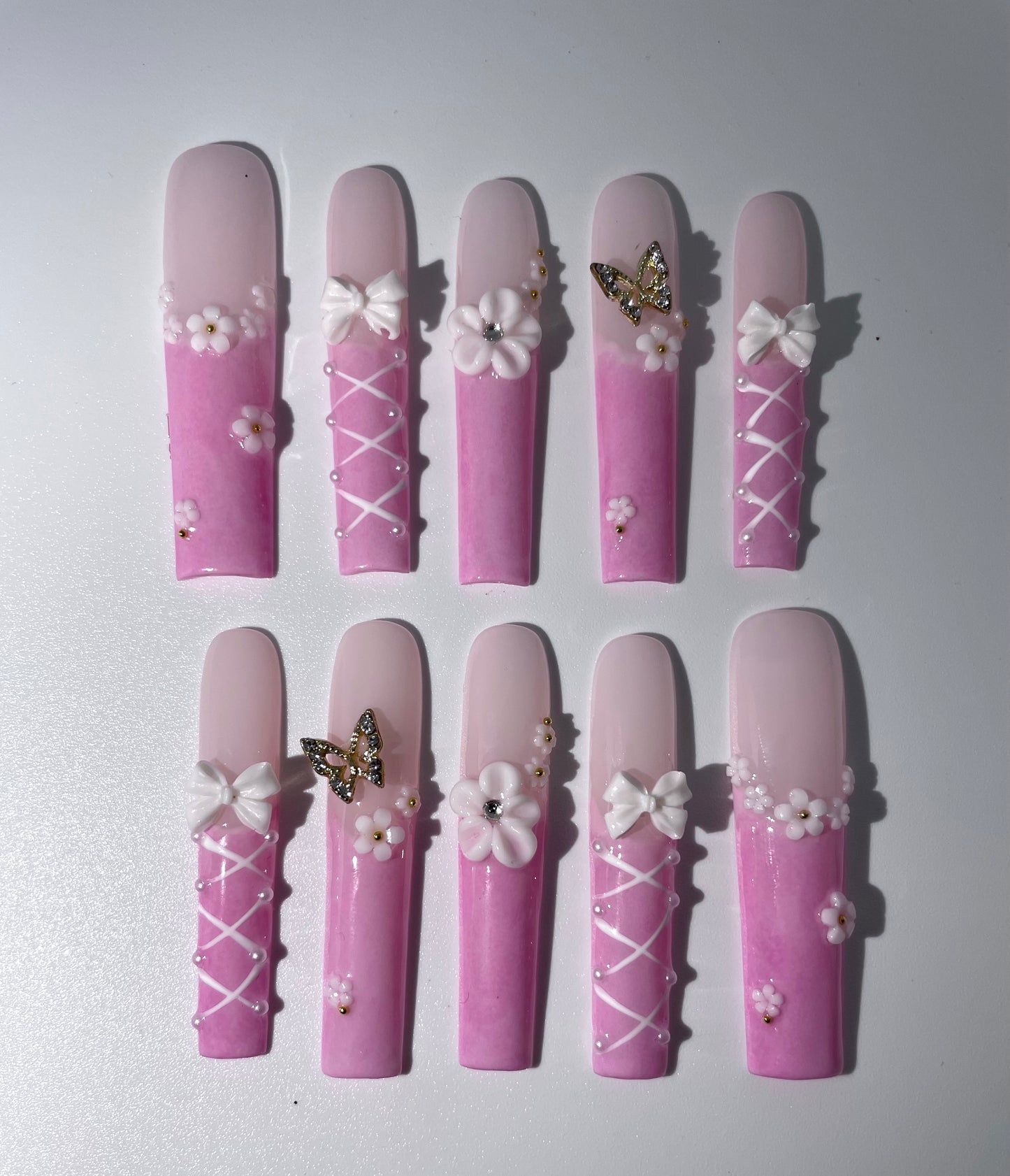 10pcs Handmade Coffin Press-On Nails – 3D Bow & Butterfly Design - Coffin Set