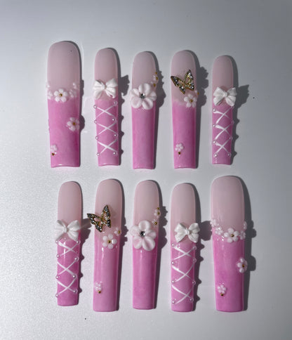 10pcs Handmade Coffin Press-On Nails – 3D Bow & Butterfly Design - Coffin Set