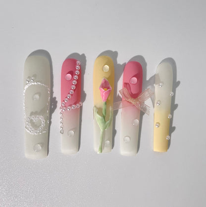 10Pcs Handmade Coffin Press-On Nails Floral Design Glitter Line Art - Coffin Set
