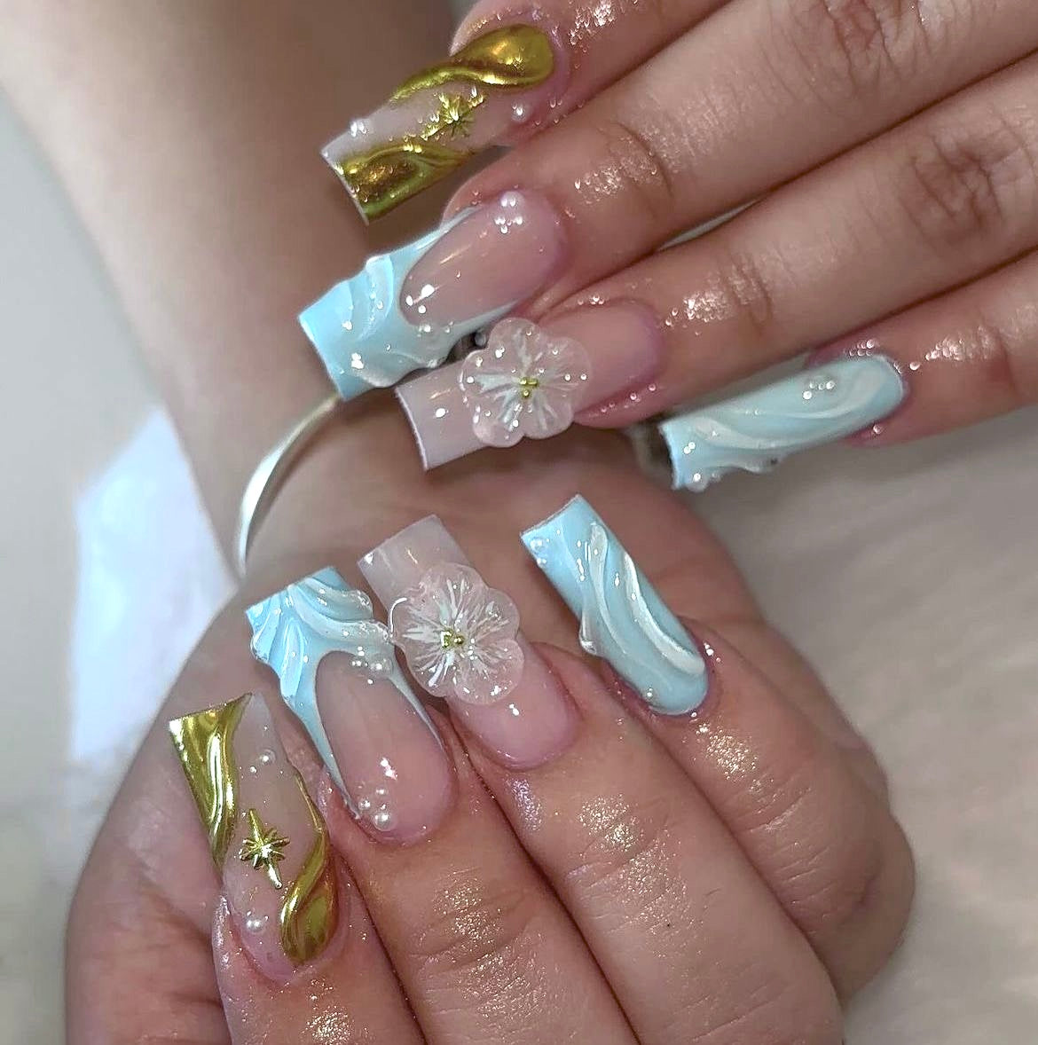 10pcs Handmade Coffin Press-On Nails – Gold & Blue  Artificial Gems & Floral Design - Coffin Set