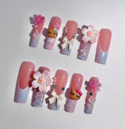 12pcs Long Coffin Press-On Nails Gradient Blue & Pink French Tip with Sanrio Hello Kitty, 3D Rhinestones, Flowers - Coffin Set