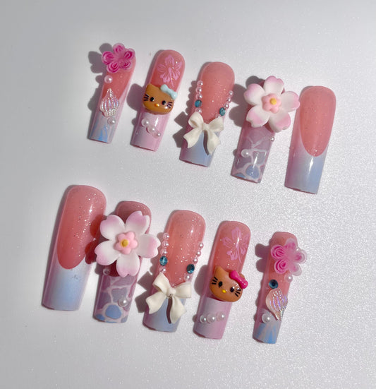 12pcs Long Coffin Press-On Nails Gradient Blue & Pink French Tip with Sanrio Hello Kitty, 3D Rhinestones, Flowers - Coffin Set