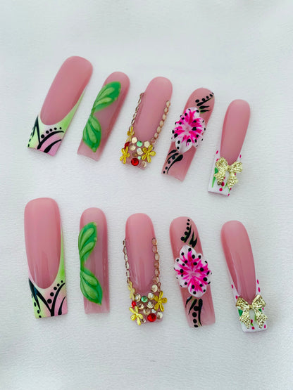 10 pieces Press-On Nails 3D Multicoloured Set Jelly Gell, Golden Bow & Green Leaf - Coffin Set